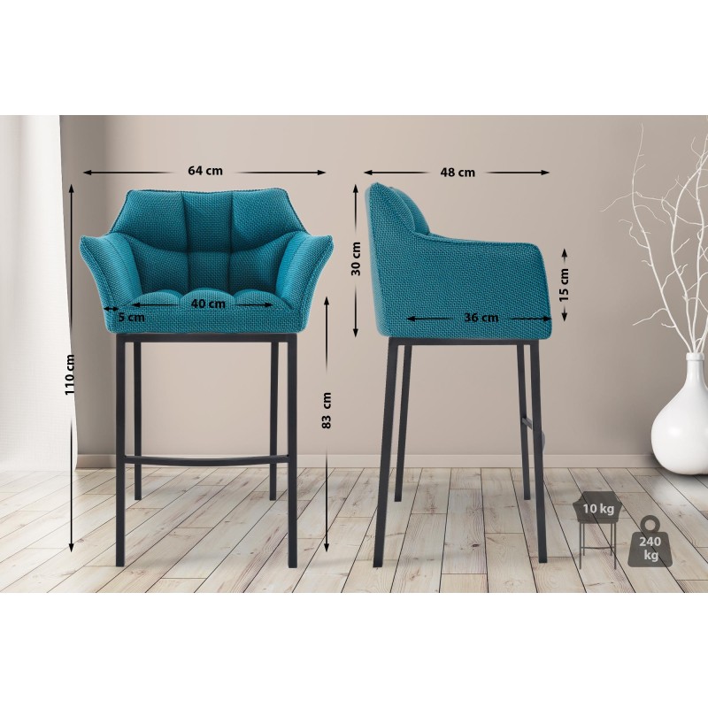 Scaun de bar Damaso B din material textil cu structură cu 4 picioare, culoare turcoaz