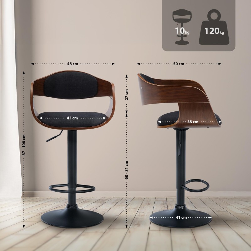 Set de 2 scaune de bar Kingston B, nuc/material textil negru